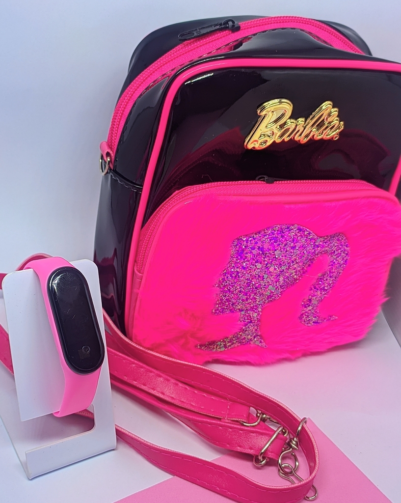 Kit Relógio Digital Led Band Bracelete Silicone + Mini Mochila Barbie Bolsa  Infantil Transversal Rosa Pink Pelúcia Rosa Presente