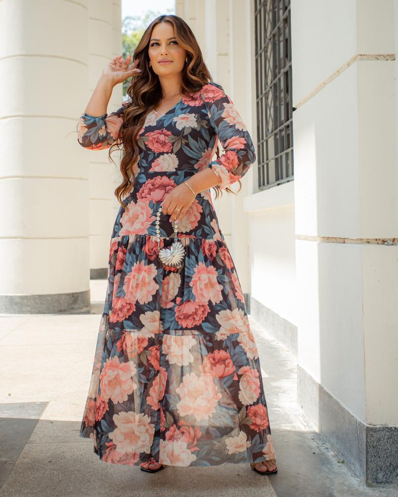 Vestido Longo Floren a de Tule Estampado Floral P ssego