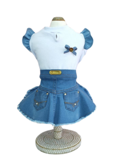 Vestido Mini Saia Jeans Delavê Bolsos Blusa Branca para cachorro e gato - Estilo de Vida Pet