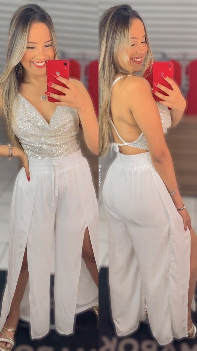 calça pantalona branca com fenda - Marok Modas
