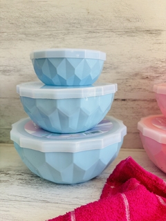 SET X 3 BOWLS FACETADOS CON TAPA PASTEL