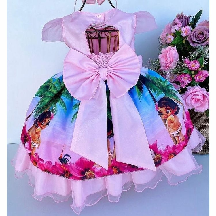 Vestido Temático Moana Baby Rosa Luxo Festa Aniversário
