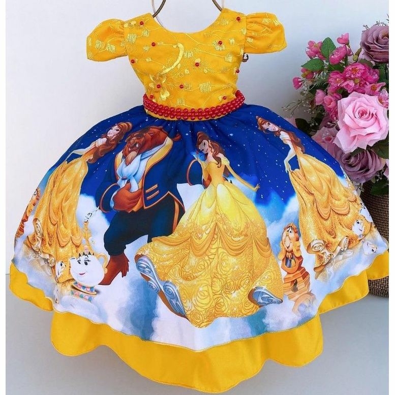 Vestido Infantil Festa Temático Princesa Bela E A Fera Luxo