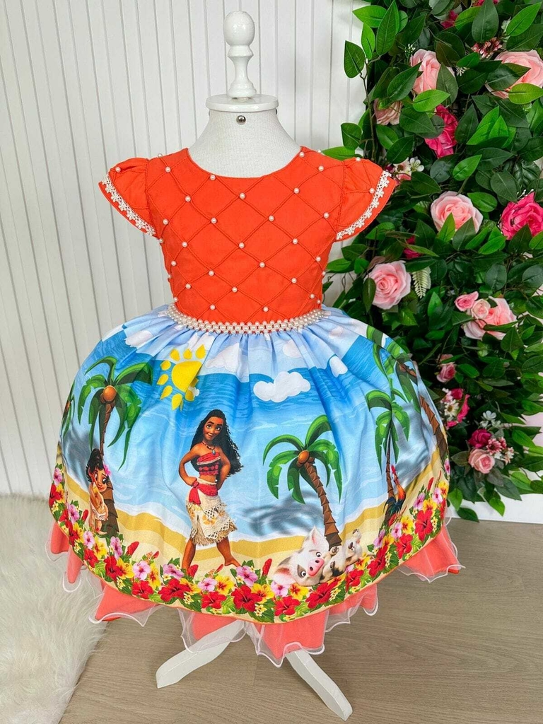 Vestido De Luxo Temático Infantil Moana Azul