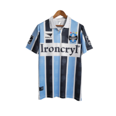 Camisa Grêmio I Retrô 97/98 Torcedor Masculina - Azul e preta com patrocinio Ironcryl