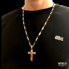 CORDÃO TIJOLINHO (5MM) - 70 CM + PINGENTE DE CRUZ EM 3D - BANHADA A OURO 18K - comprar online