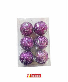 PELOTAS NAVIDEÑAS VIOLETAS CON CURVAS Y BRILLO X6 6CM (6263880060081)