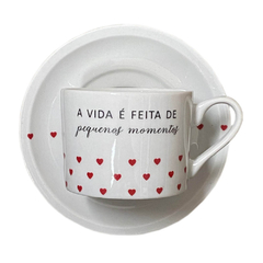 Xícara De Chá Em Porcelana Branca Red Heart 250ml Estampa Frase Momentos