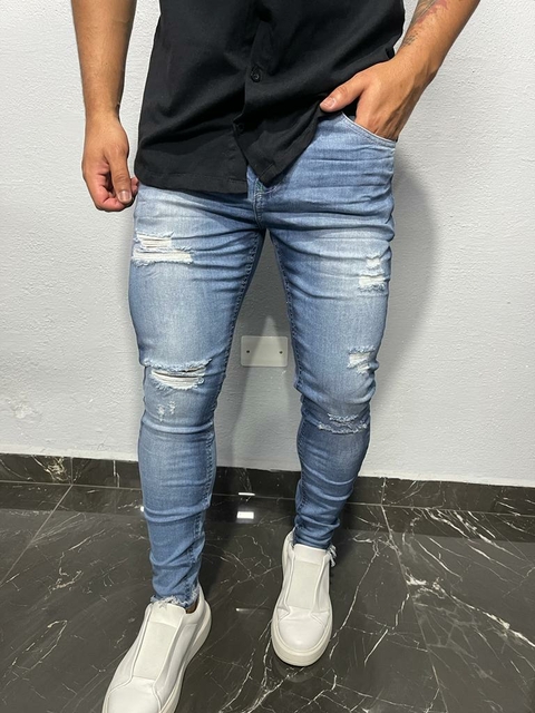 Calça Masculina Jeans Skinny Destroyed Lycra Premium Confort  Tamanho:46;Cor:Azul-15523-A3