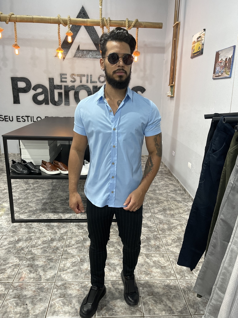 Camisa social Masculina Manga curta azul bebê