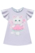 Vestido infantil lilás com estampa de gatinho fada, mangas de babado e detalhes brilhantes.