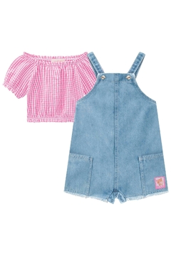 Jardineira jeans best sale com blusa xadrez