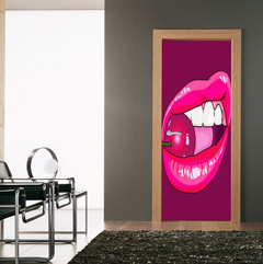 Vinilo Para Puerta Labios Boca Pop Art Retro Cherry Cereza