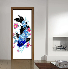 Vinilo Para Puerta Pez Koi Azul Arte Japones Animales Flores