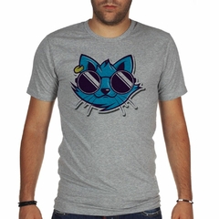 Remera Gato Celeste Lente Art Caricatura