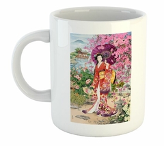 Taza Geisha Japones Flores Art Abanico