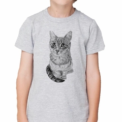 Remera Gato Gris Sentado Dibujo Arte - TiendaCubik