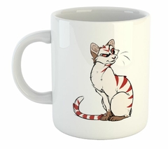 Taza Gato Blanco Rayas Rojas Dibujo