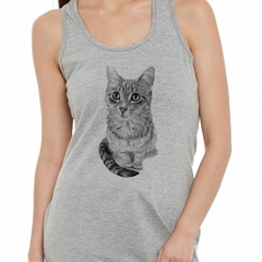 Musculosa Deportiva Gato Gris Sentado Dibujo Arte