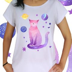 Babylook coleção Universo - Gato rosa e lilás universo