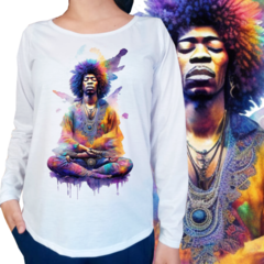 Manga longa Jimmy Hendrix em aquarela meditando