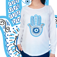 Manga longa feminina - Hamsa Olho grego azul escuro