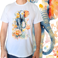 Camiseta masculina/unissex Elefante com flor laranja