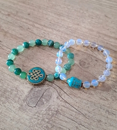 Dupla de pulseiras em Quartzo verde e ágata verde com pedra da lua (Peça única) - comprar online