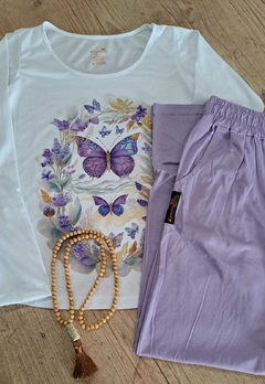 Conjunto Manga longa + Calça em algodão Lavanda+ Japamala de madeira