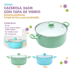 Cacerola con Ceramica Antiadherente Celeste con Tapa de Vidrio 26cm 11485 - tienda online