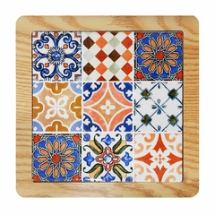 Posa Fuentes Cuadrado, cerámica y madera, diseño mandalas, 12613