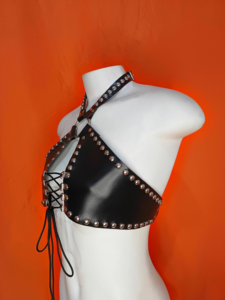 Black Faux Leather And Gold Chain Bra Harness