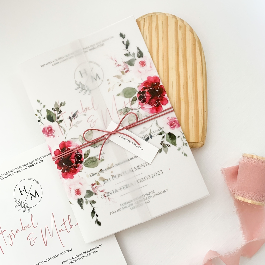 Convite de Casamento - Envelope Papel Vegetal com impressão e Fechamento em  Fio Encerado