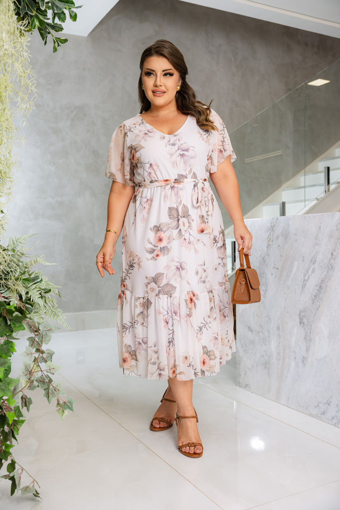 Vestido Tule Midi Juliana - BRANCO FLORAL BEGE