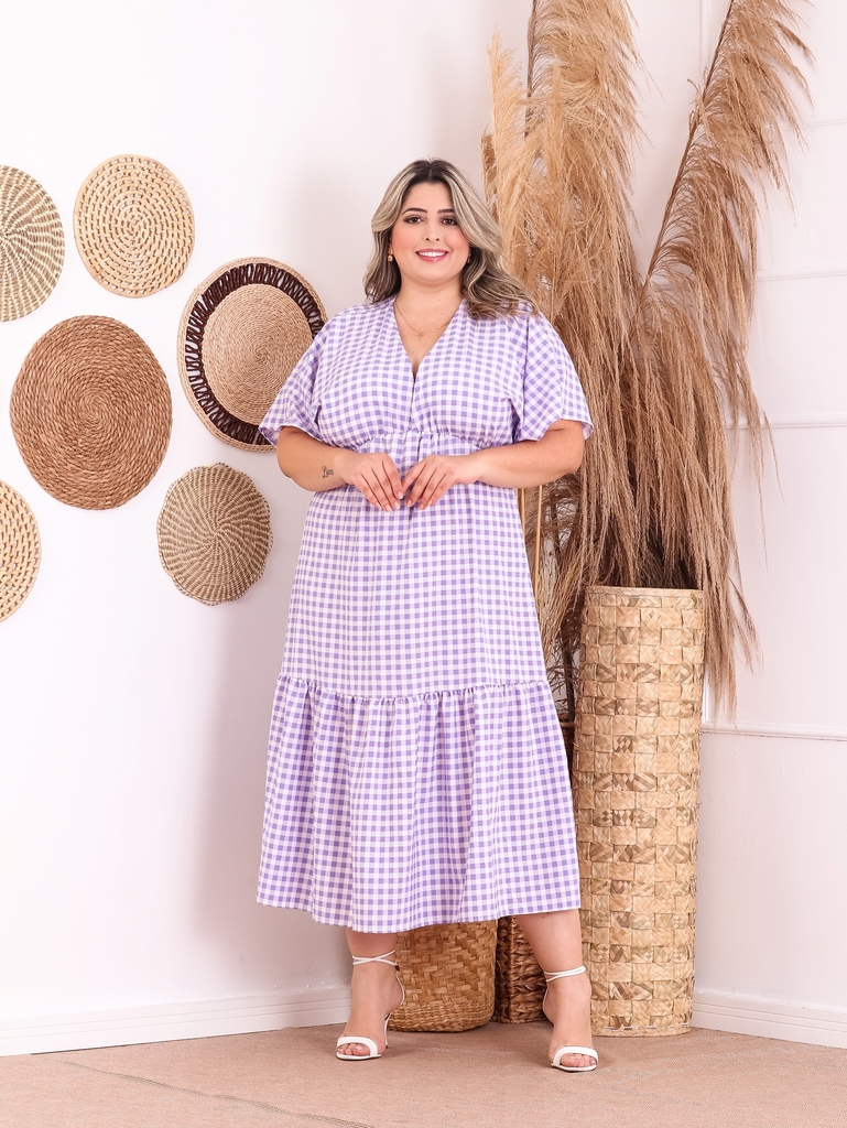 Vestido Xadrez Lilás com Laço de Cabelo