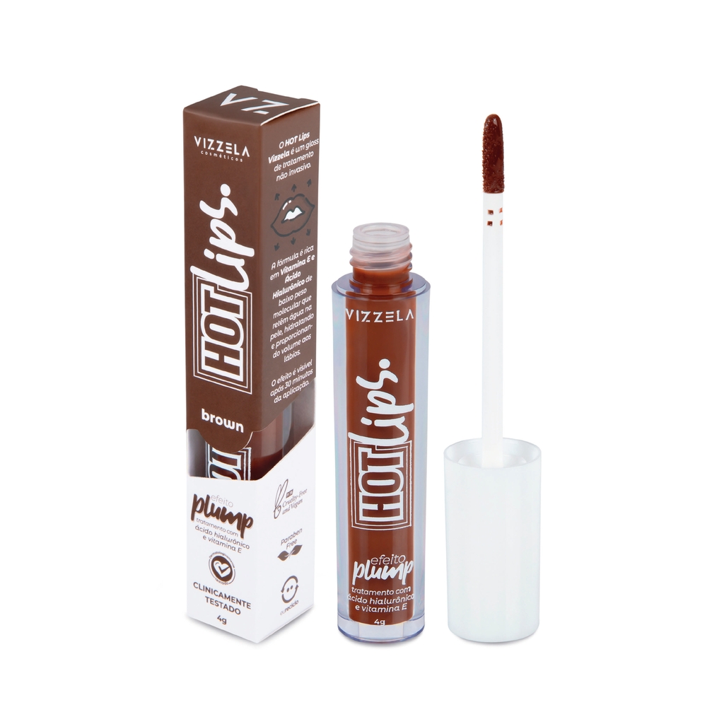 Gloss Labial Hidratante Efeito Plump Vizzela Brown Hot Lips Vegano Preenche  C/ Brilho e Ácido Hialurônico