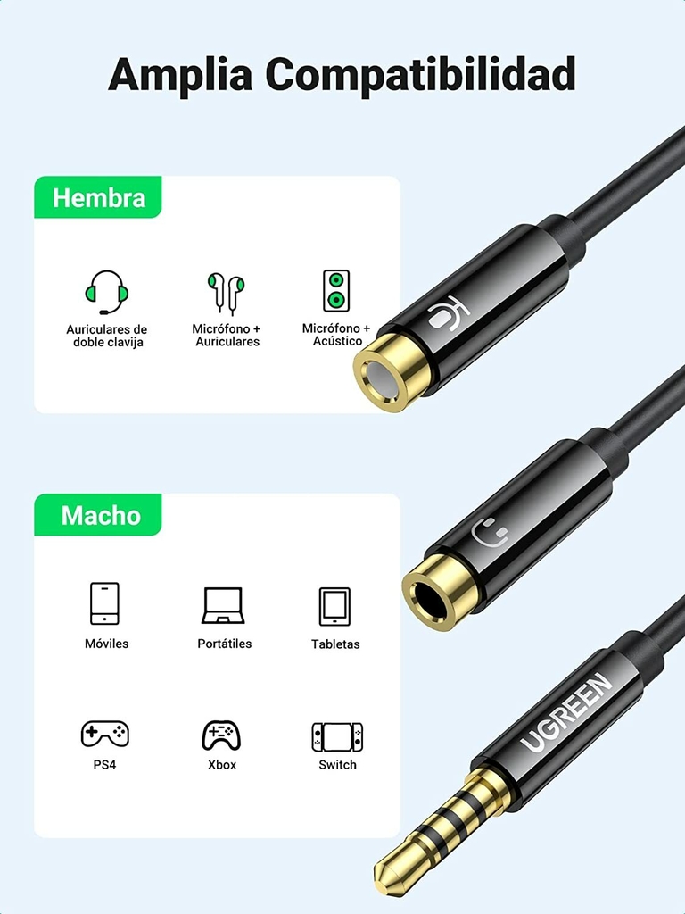 UGREEN Adaptador Mic y Audio Cable Auxiliar 3.5mm Macho a Doble