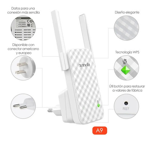 Tenda Extensor de Rango A9 Inal mbrico 300 Mbit s 2 Antenas de 3dBi