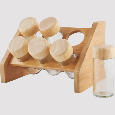 Set x6 especieros con soporte y tapa de bamboo 20x14x14cm
