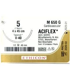 ACIFLEX Monofilamento Acero Cardiovascular Tapercut 4x45 V-40 Aguja 1/2 de 48mm Marca Ethicon M650G Caja con 12 pzas Caducidad Enero 2025