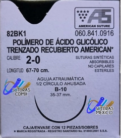 Acido Poliglicolico APG 2-0 Aguja Ahusada 35-37 mm Hebra 67-70 Violeta Marca American Suture 82BK1 Caja con 12 Piezas Caducidad Jul-29