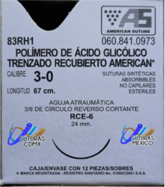 Acido Poliglicolico APG 3-0 Aguja Cortante 24 mm Hebra 67 Violeta Marca American Suture 83RH1 Caja con 12 Piezas Caducidad Abr-26