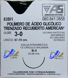 Acido Poliglicolico APG 3-0 Aguja Ahusada 25-26 mm Hebra 67-70 Violeta Marca American Suture Caja con 12 Piezas