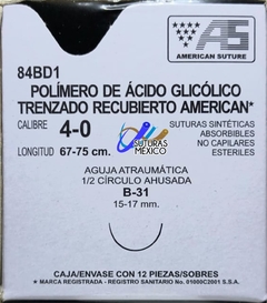 Acido Poliglicolico APG 4-0 Aguja Ahusada de 15-17 mm Hebra 67 Violeta Marca American Suture 84BD1 Caja con 12 Piezas Caducidad FEB-28
