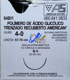 Acido Poliglicolico APG 4-0 Aguja Ahusada de 25-26 mm Hebra 67-70 Violeta Marca American Suture 84BI1 Caja con 12 Piezas Caducidad Nov-27