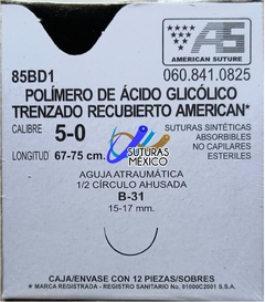 Acido Poliglicolico APG 5-0 Aguja Ahusada de 15-17 mm Hebra 67-75 Violeta Marca American Suture 85BD1 Caja con 12 Piezas Caducidad Jul-26