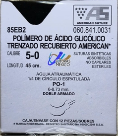 Acido Poliglicolico APG 5-0 Aguja Espatulada Doble Armado de 6-8 mm Hebra 45 Violeta Marca American Suture 85EB2 Caja con 12 Piezas Caducidad Jul-26