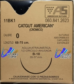 Catgut Cromico 0 Aguja Ahusada de 35-37 mm Hebra 68-75 cm Marca American Suture 11BK1 Caja con 12 Piezas Caducidad Feb-28