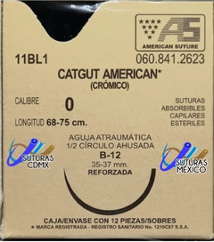 Catgut Cromico 0 Aguja Ahusada Reforzada de 35-37 mm Hebra 68-75 cms Marca American Suture 11BL1 Caja con 12 Piezas