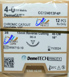 Catgut Cromico Demegut 4-0 Aguja Cortante Precisión Premium de 13 mm Hebra 45 cms Marca Demetech Caja con 12 Piezas